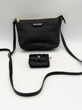 Steve Madden Crossbody Bag & Wrist Mini Wallet Logo Embossed Black Gold